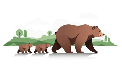 Obraz premium A mother bear walks with her two cubs through a grassy, hilly landscape.