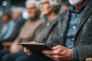 Group of elderly people attending a financial advisor meeting indoors