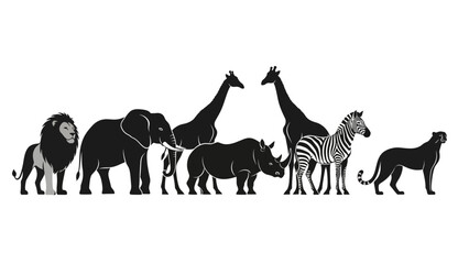 A collection of African safari animals including a lion, elephant, rhinoceros, giraffes, zebra, and a panther. © Fara