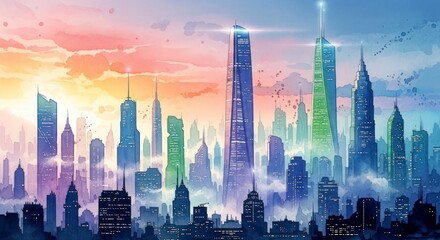 Futuristic Cityscape with Skyscrapers at Sunset.