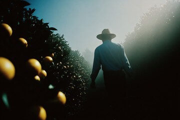 Picking oranges in a farm under morning fog with trees and fruit visible