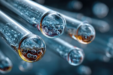 Pipettes transfer liquid into glass containers during a lab experiment