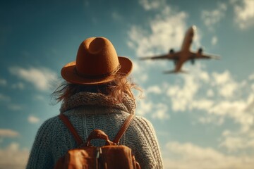 Traveler gazes at airplane flying in the sky during travel time