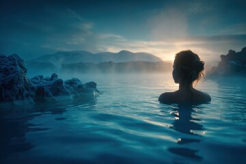 Woman enjoys warmth in geothermal pool during sunset near mountains