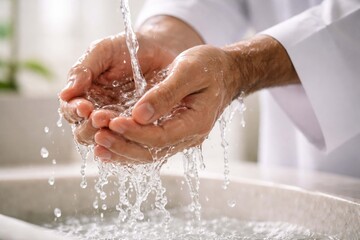Fototapeta premium Close-up of hands performing wudu with flowing water, symbolizing purification and spiritual readiness during Ramadan.