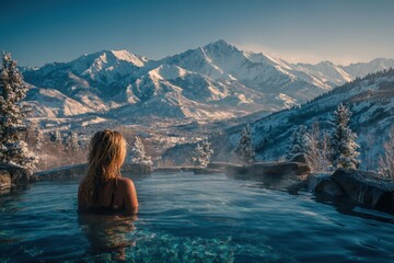 Woman sits in hot spring with mountain view during daytime in winter