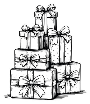 Hand drawn line art gift boxes set featuring a towering stack of presents with decorative bows for celebrations and holiday greetings