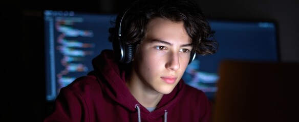 a teen fixing code late at night in their comfy space