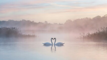 Two majestic white swans elegantly form a perfect heart shape amidst the tranquil morning mist on a serene lake, reflecting their graceful beauty