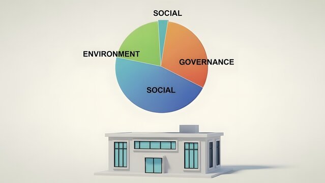 A 3D house with a pie chart showing ESG factors for sustainable business practices - Powered by Adobe