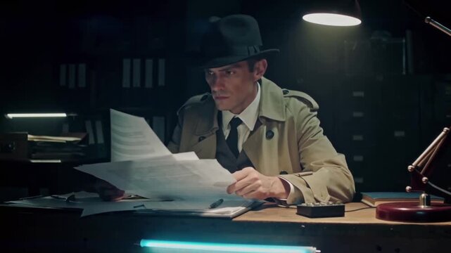 Intense cinematic stock video of a detective trench coat reading case files at a desk, dramatic low-angle perspective, visible stress focus hand tension, slow breathing, desk lamp casting long shadows