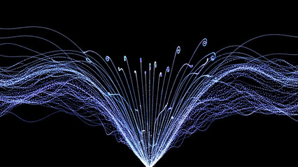 abstract blue particle trails flowing and swirling on black background energy and motion concept