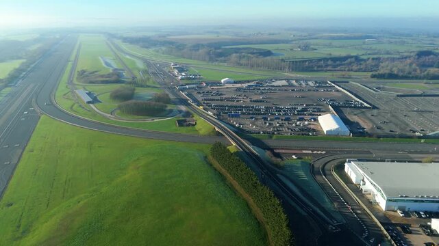 Aerial view of motorsports race track in Gaydon. Vehicle testing facility. Sunny winter day United Kingdom.