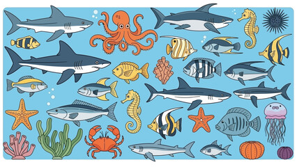 A vibrant and detailed illustration showcasing a diverse collection of marine life and underwater elements. © Friska