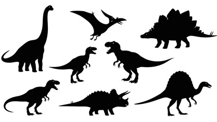 A collection of black dinosaur silhouettes, showcasing various prehistoric creatures in different poses. © Friska