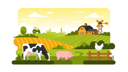 A vibrant illustration of a farm scene with a cow, pig, chicken, tractor, and windmill under a sunny sky. © Friska