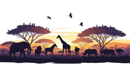 Silhouette of various African animals including elephants, zebras, giraffes, and rhinos against a vibrant sunset sky with acacia trees. © Friska