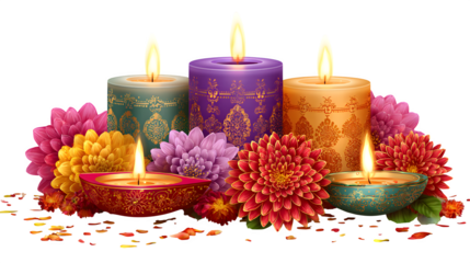 A festive Christmas celebration features burning candles and flowers set amidst red ornaments and gold holiday decorations for a warm winter advent candlelight display