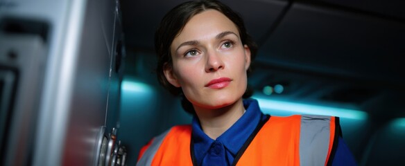 flight attendant checking safety gear in the aircraft cabin