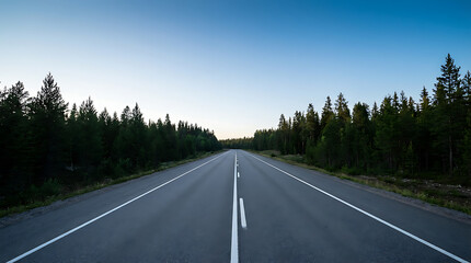 Fototapeta premium A straight road stretches through a dense forest under a clear blue sky at dusk