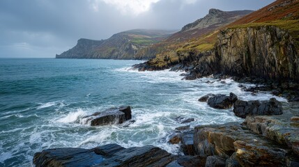 Dramatic Coastal Scene: Bradda Head Cliffs, Sea Spray, and Open Sky