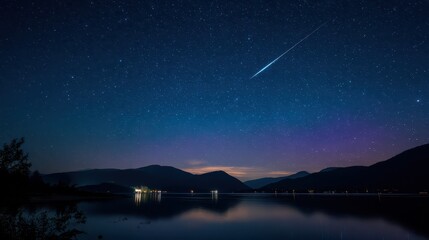 Dramatic meteor arc in a velvet night sky with distant mountains and calm horizon