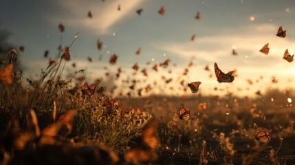 Dusk monarchs swirling through warm clouds above a grassy plain