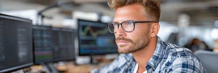 Financial Data Analyst Analyzing Market Trends with Charts and Visualizations in Office Environment