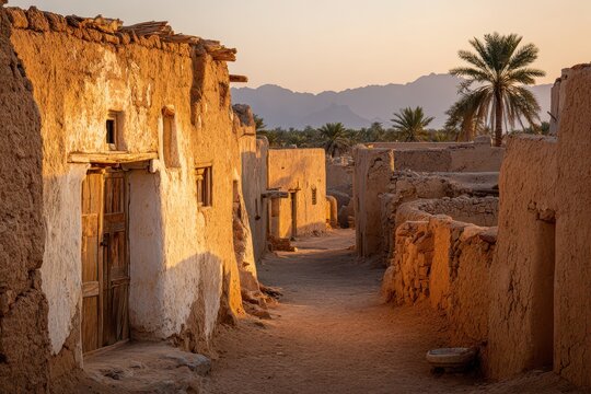 Dusky adobe village in Najran: traditional mud houses under a desert sky