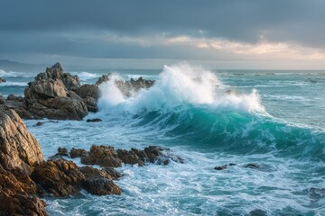 Obraz premium Dynamic ocean surge: surf pounding the shore with dramatic light and cloud-filled horizon