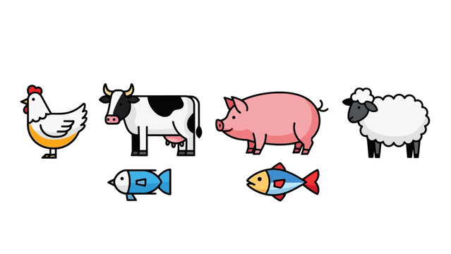 A collection of cartoon farm animals including a chicken, cow, pig, and sheep, along with two fish.