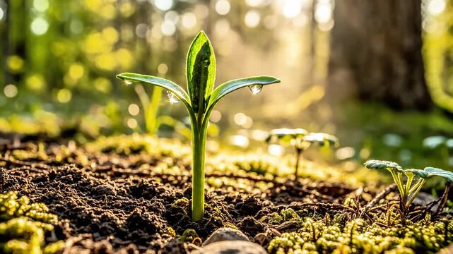 A small green plant sprouts from the earth surrounded by moss and other tiny plants in a sunlit forest clearing