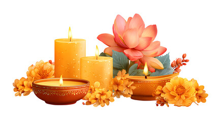 A luxury spa still life features a flickering candle flame and natural flowers arranged with a towel and salt for a wellness aromatherapy treatment focused on relaxation and body care