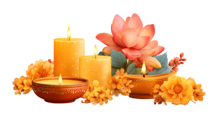 A luxury spa still life features a flickering candle flame and natural flowers arranged with a towel and salt for a wellness aromatherapy treatment focused on relaxation and body care