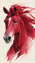 A beautiful brown equine portrait of a stallion with a red mane and a red ribbon on its head standing in a green farm pasture