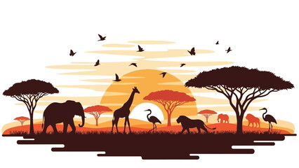 A vibrant African savanna sunset silhouette featuring elephants, giraffes, lions, and birds against a warm, gradient sky. © Elsa