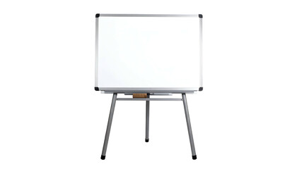 A 3D render of a whiteboard mounted on a metal easel. The board is blank, framed, and ready for use