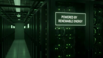 A dark server room with a sign indicating it is powered by renewable energy