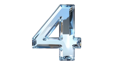 A 3D render of the number four, crafted from crystal, glistening with refracted light against a stark black backdrop