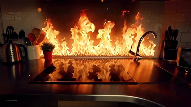 Wide-angle 4K video of a kitchen engulfed in flames, dramatic smoke, reflections of fire on mirrors, stainless steel tiles, sparks falling, slow camera rotation, cinematic lighting, intense vivid flam