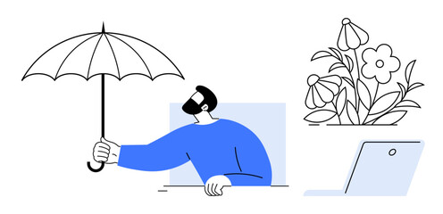 Personal security, creativity, technology, workplace design, digital safety, peace of mind. Man with umbrella beside flowers and laptop. Protection and creativity concepts © robu_s