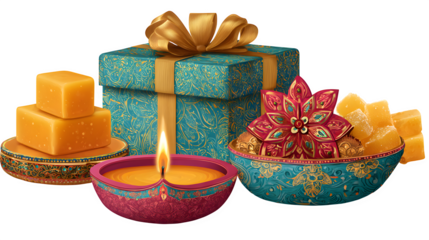 A collection of colorful Christmas gift boxes wrapped in red and gold paper with elegant ribbon bows creates a festive holiday celebration surprise isolated as a decorative present object