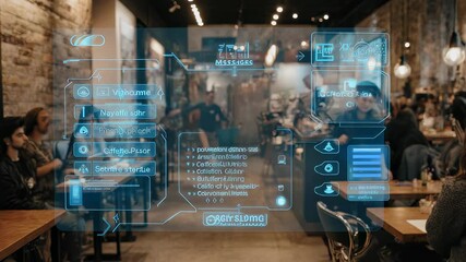 Person interacting with augmented reality interface in a cafe - Powered by Adobe