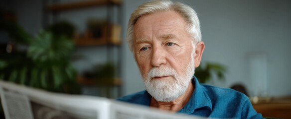 Elderly man immersed in the daily newspaper feels a comforting sense of connection indoors