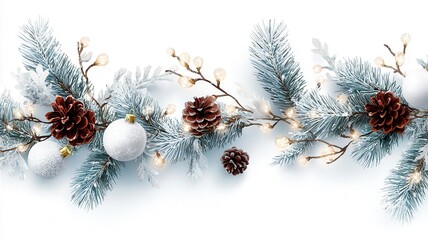 Christmas garland decoration featuring frosted pine branches, white ornaments, pine cones, and string lights twinkling