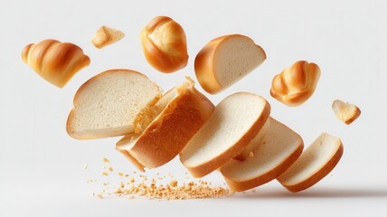 Sliced white bread and soft bakery rolls falling with crumbs, representing fresh and baked goods breakfast