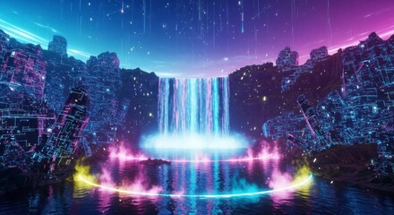 Futuristic Waterfall with Neon Lights.