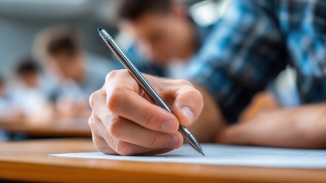 Student hand writing test paper, exam preparation, school education, study college learning, university academic