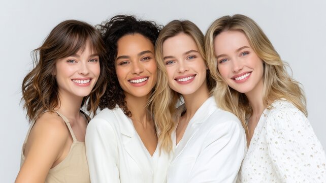 Four happy diverse young women posing together, expressing unity, joy, empowerment through natural beauty