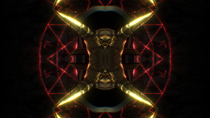 An abstract background featuring strange golden horns with esoteric elements and glowing lines.